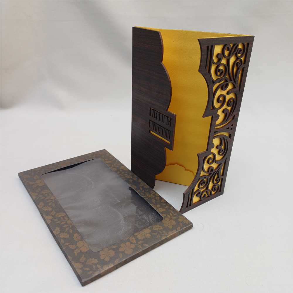 Luxury Laser-Cut Wooden Texture Wedding Invitation with Gold Insert Luxury Laser-Cut Wooden Texture Wedding Invitation with Gold Insert